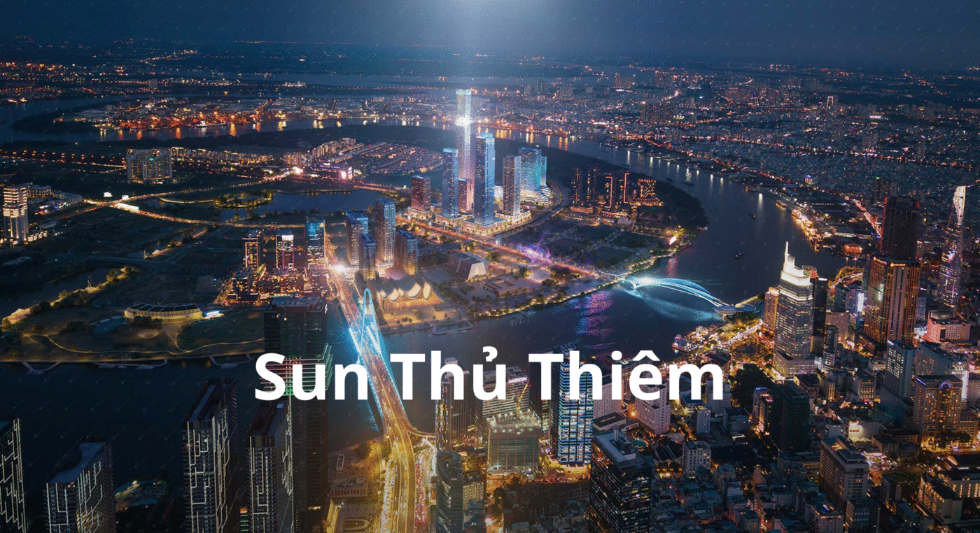 Sun Group Thủ Thiêm - Phối cảnh toàn cảnh khu đô thị ẩnh đêm lung linh với ánh đèn hiện đại