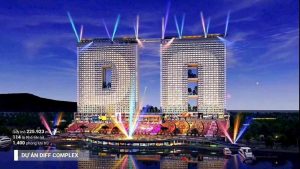 Phối cảnh Sun Galaxy Complex về đêm với khán đài pháo hoa, quy mô 225.923m2 sàn