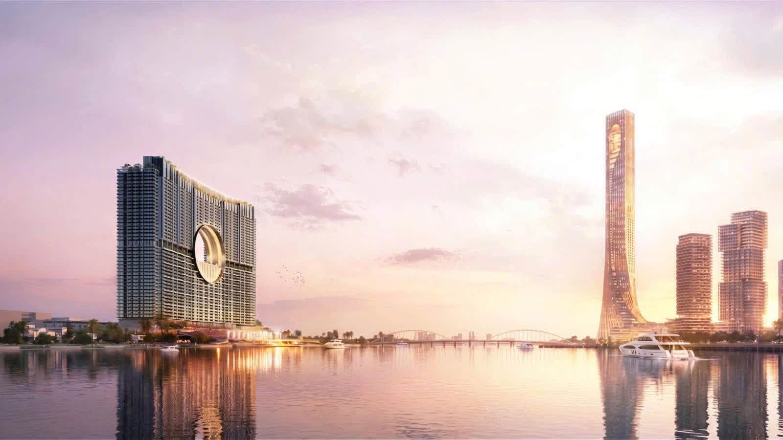 Phối cảnh tòa tháp Sun Galaxy Complex thiết kế Moon Gate lúc hoàng hôn