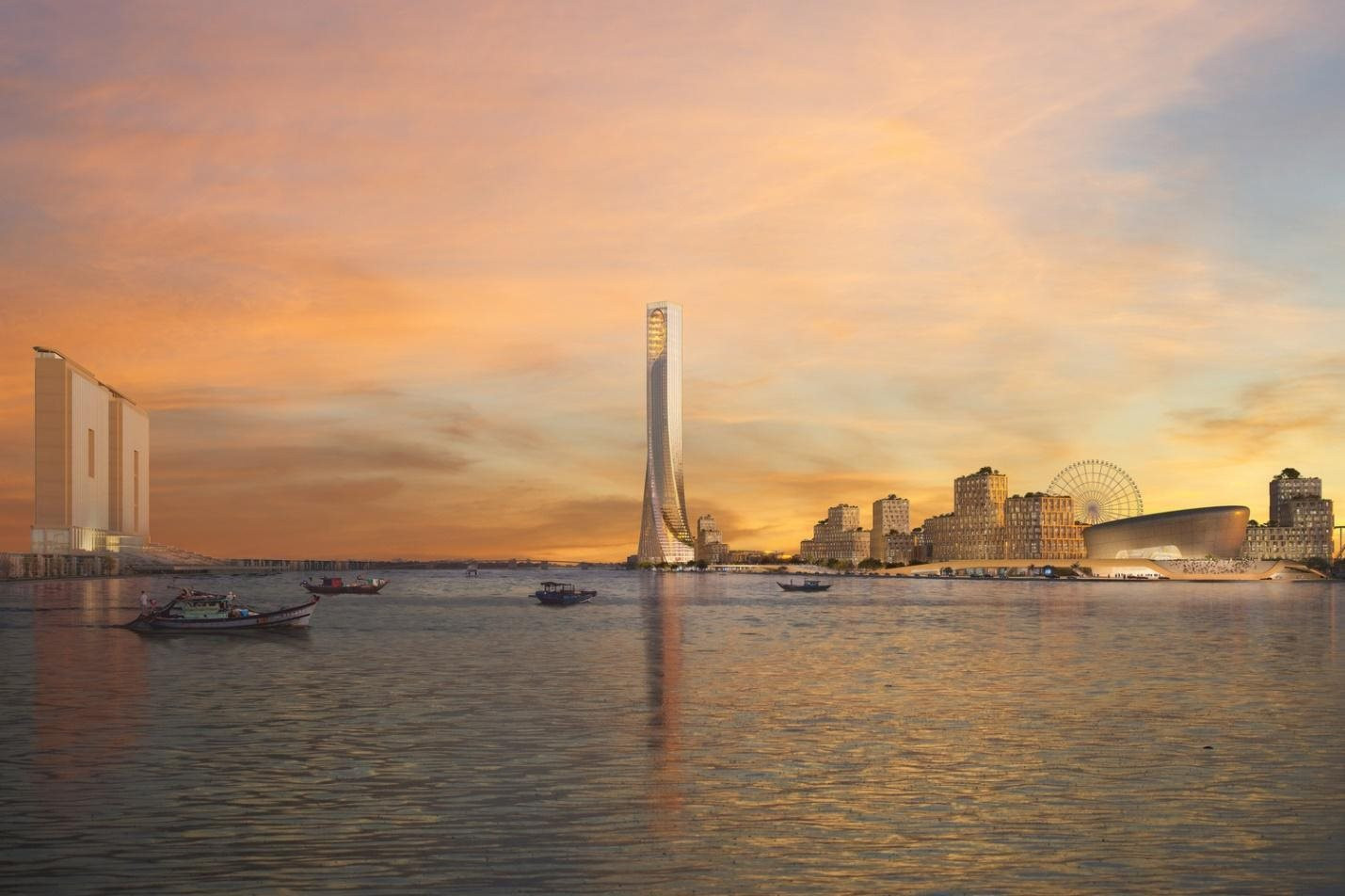 Phối cảnh tòa tháp 408m Da Nang Downtown nhìn từ sông Hàn lúc hoàng hôn