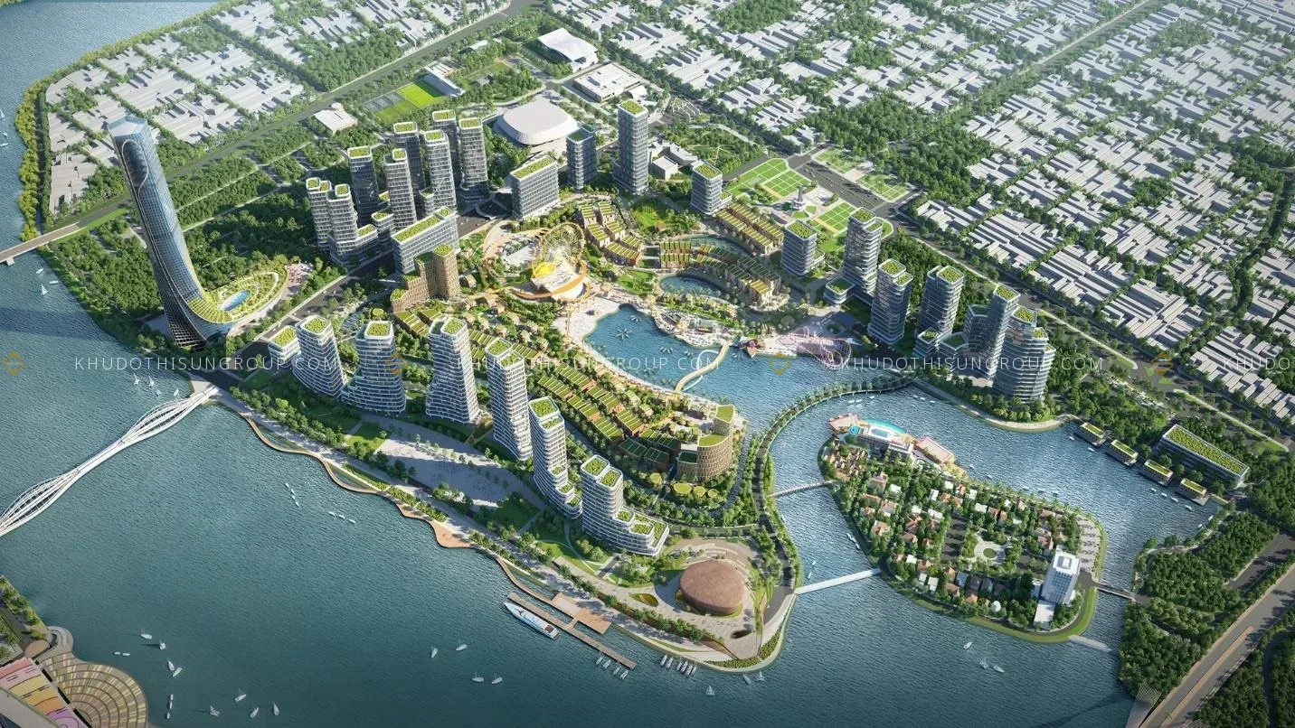 Phối cảnh tổng thể dự án Sun Group Đà Nẵng nhìn từ trên cao ven sông Hàn