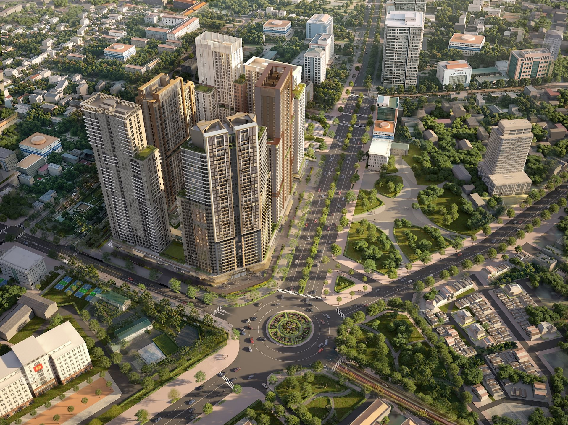 Phối cảnh trên cao tổ hợp Trường Vinh Sun Group Vinh với 5 tòa tháp gần bùng binh và đại lộ trung tâm