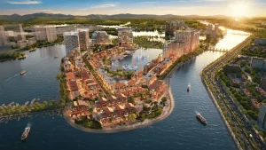Toàn cảnh đảo lễ hội Festival Island nhìn từ trên cao, nơi tháp căn hộ The Fest tọa lạc